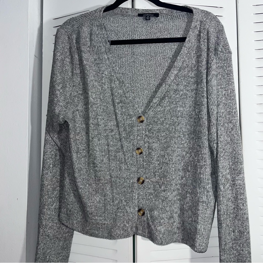 gray wool sweater v neck button up